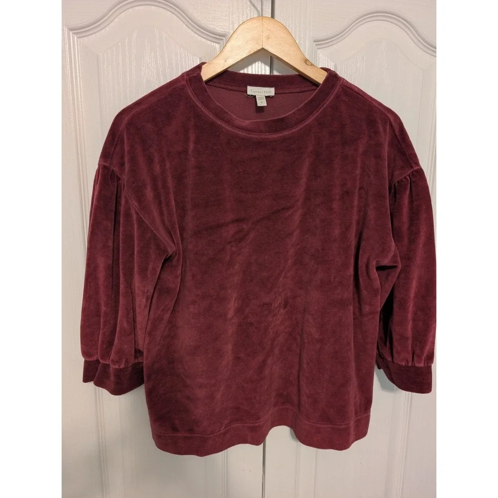 Garnet Hill Red Wine Moonrise Velour Crewneck Pullover 3/4 Sleeve Women Small